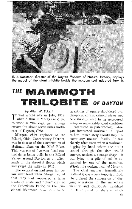 Caption: Here we have E.J. Koestner, Director of the Dayton Museum of Natural History, holding the plaster cast of the Huffman Dam trilobite alongside the museum’s entrance sign featuring the trilobite logo. Image from “The Mammoth Trilobite of Dayton” by Allan W. Eckert, Science Digest, July 1961.