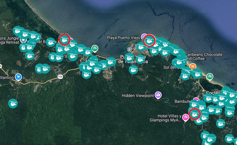 Map of Boonshoft-supported sloth bridge locations along Costa Rica’s Caribbean coast